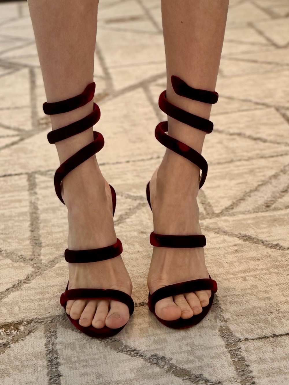 Rene Caovilla Velvet Lace-Up Sandals - Wine Red